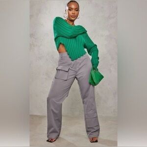 Pretty Little Thing Green Chunky Knit Long Sleeve Dip Hem Crop Top Plus